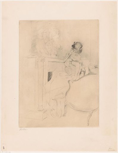 Young woman in armchair before a mantelpiece