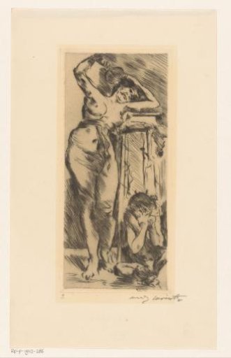 Female nude with a fan in her hand and to the right of her a crouching figure