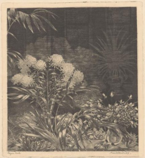 Interior with flowers in vases and plants in pots