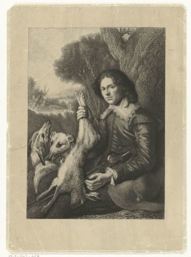 Hunter with a hare in his right hand