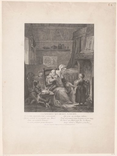 Interior with nurse and children at the fireplace