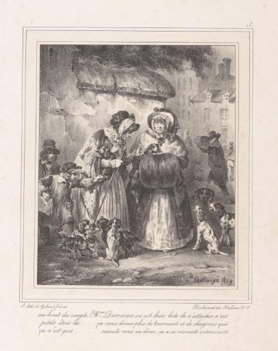 Two old women on the street, surrounded by nine dogs