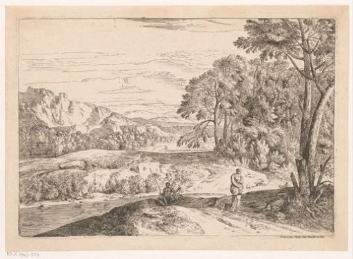 Arcadian landscape with a fisherman by a stream