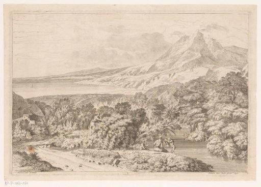 Arcadian mountain landscape with bathing figures by a stream