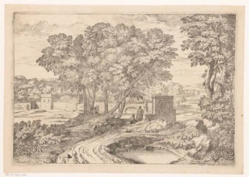 Arcadian landscape with two women by a fountain