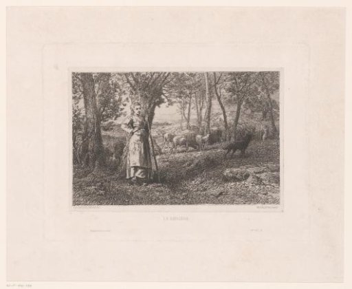 Shepherdess with sheep and shepherd dog