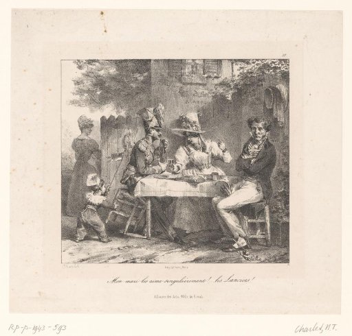 Woman with soldier and jealous husband at table