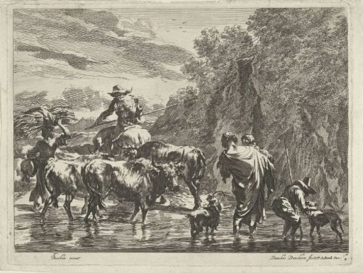 Shepherds wading with a herd of cows through a stream