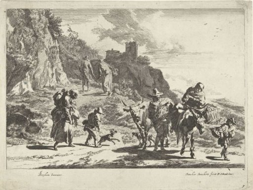Woman on a pack mule, man with a cow and other travellers in a mountainous landscape