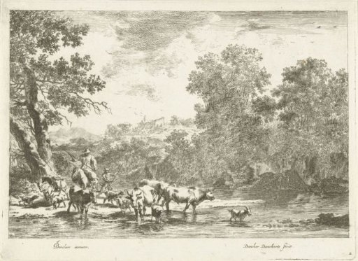 Italian landscape with a shepherd on horseback and cattle by a river