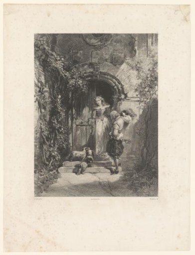 Page and richly dressed young woman at a doorway