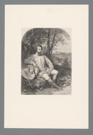 Portrait of a seated man in a painter's gown in a landscape