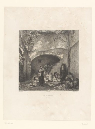 Woman and child with headscarf walking in a courtyard in Algeria with seated people