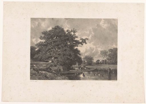 River landscape with hunters in a boat