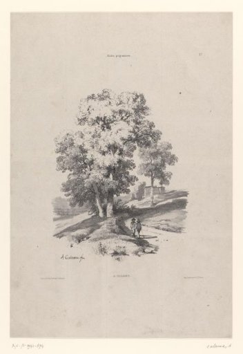 Landscape with trees and two figures on a road