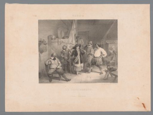 Company in an interior with a person in disguise