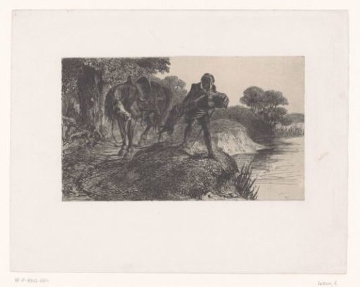 Masked man with a body on the bank of a stream