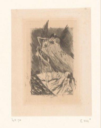 Man embraced and kissed by a death angel hovering above a body wrapped in a shroud