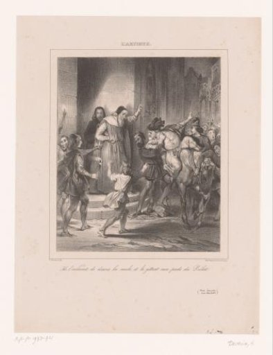 Man is pulled from a donkey and brought before the prelate