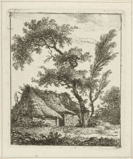 Farmhouse with a thatched roof and two trees
