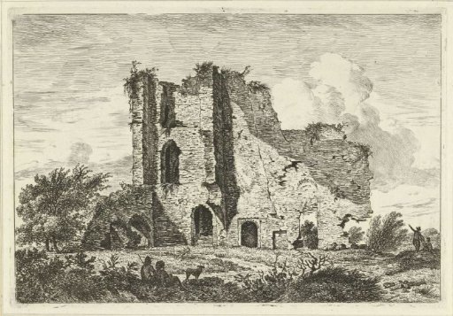Shepherds with a dog near a ruin