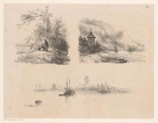Figures in a forest, a river along a mountainous coast and boats on the water