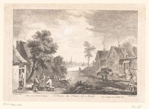 Houses along a river with figures at an inn on the left