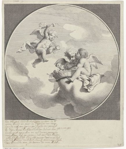 Three putti with a fruit basket on the clouds