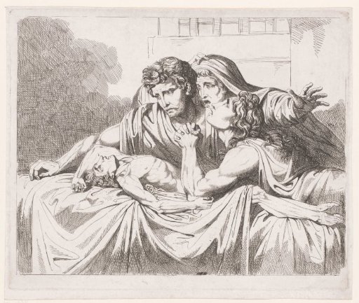 Three figures at the deathbed of a boy