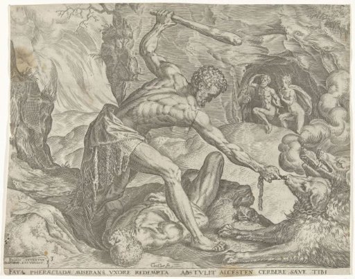 Hercules drags Cerberus out of hell