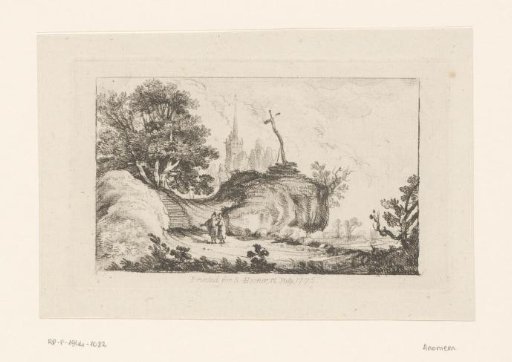 Two figures in a landscape before a rock with a cross