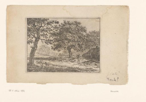 Figure with a basket on a country road alongside a farmhouse