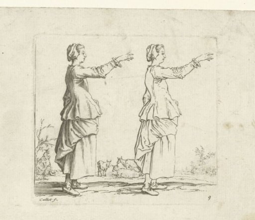 Two views of the same peasant woman with raised arm, seen from the right