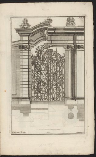 Garden portal with ironwork, cartouche and vase