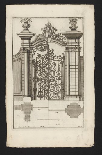Garden portal with ironwork and vases