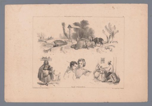 Landscape with cart, horses and bridge, and three depictions of figures