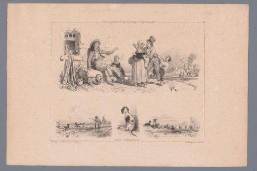Four depictions with playing children, hunters, hunting dogs and a shepherd