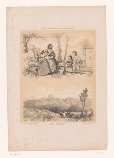 Woman with three children and mountain landscape with peasants and cattle