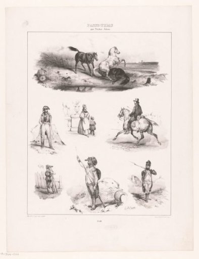 Six scenes of human pastime and a number of horses