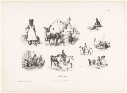 Eight views of people and animals in a rural setting