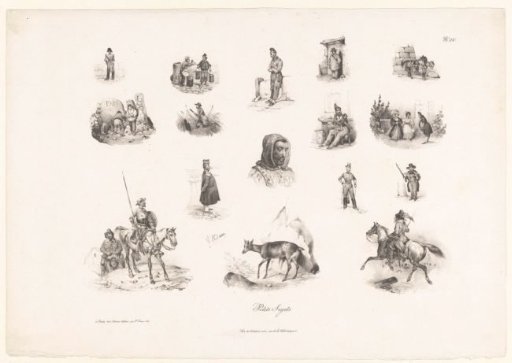 Sixteen views of various human figures and animals