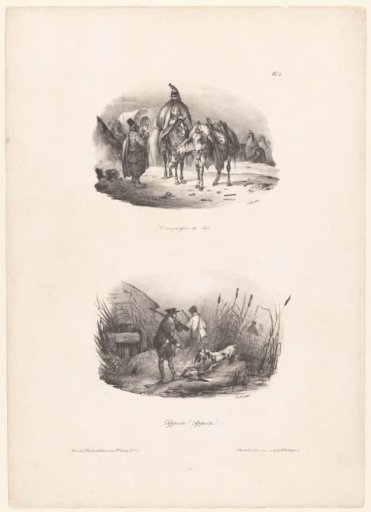 Two views with a peasant speaking to an officer and a hunting scene
