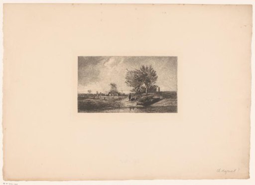 Two figures in a river landscape with a mill