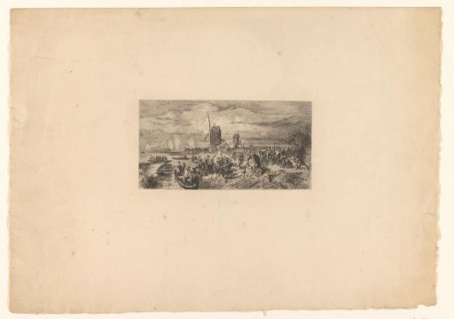 Rowing boats, soldiers and wounded at a shore, possibly the landing of the Watergeuzen at Den Briel
