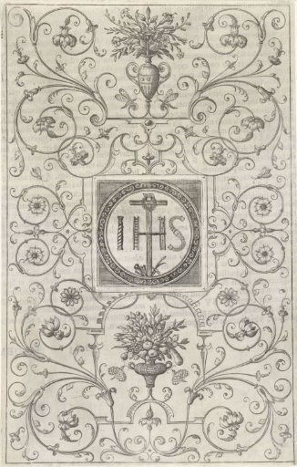 Flat decoration, with a basket of flowers and fruit in the center