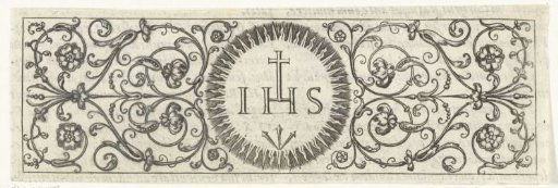 Frieze with arabesques around a Christogram surrounded by sunbeams