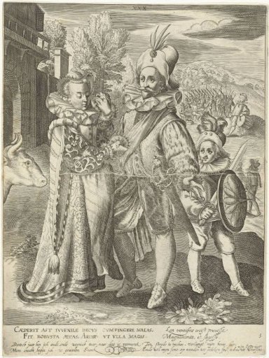 Third stage of life, thirty years, with a soldier taking leave of his wife and going to war