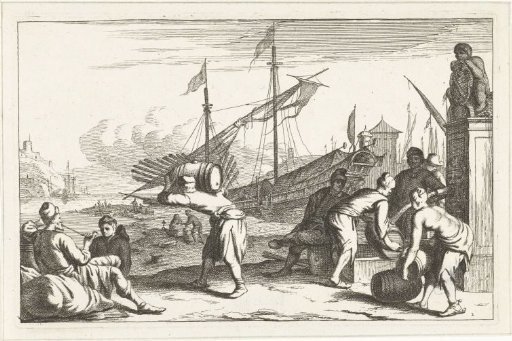 Harbor with merchants at a fountain