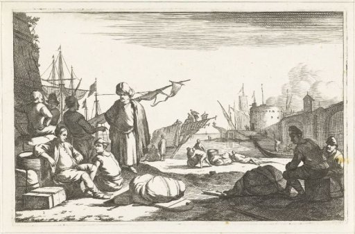 Harbor with merchants and a man with a turban