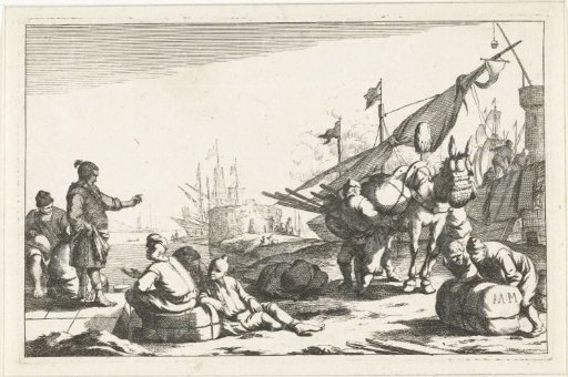 Harbor with merchants and a pack mule